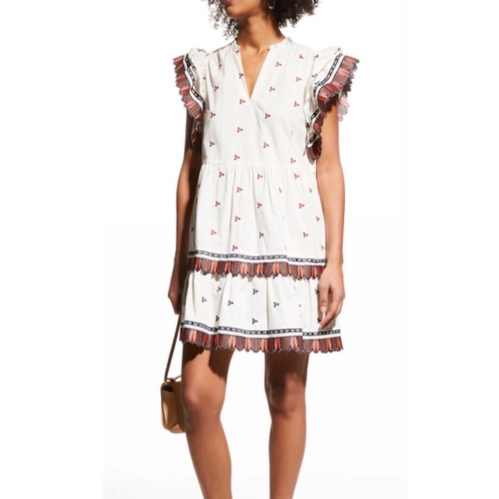 Marie Oliver White Embroidered Tiered Mini Dress Flutter Sleeve Boho XS
